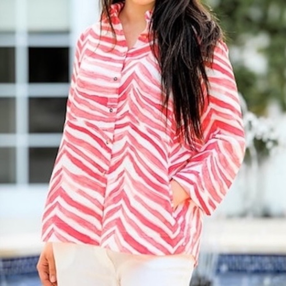 iLinen Womens Medium Classic Button Front Shirt Coral Zebra 3/4 Sleeve Pockets